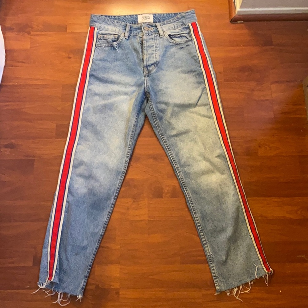 Zara jeans with red side stripe